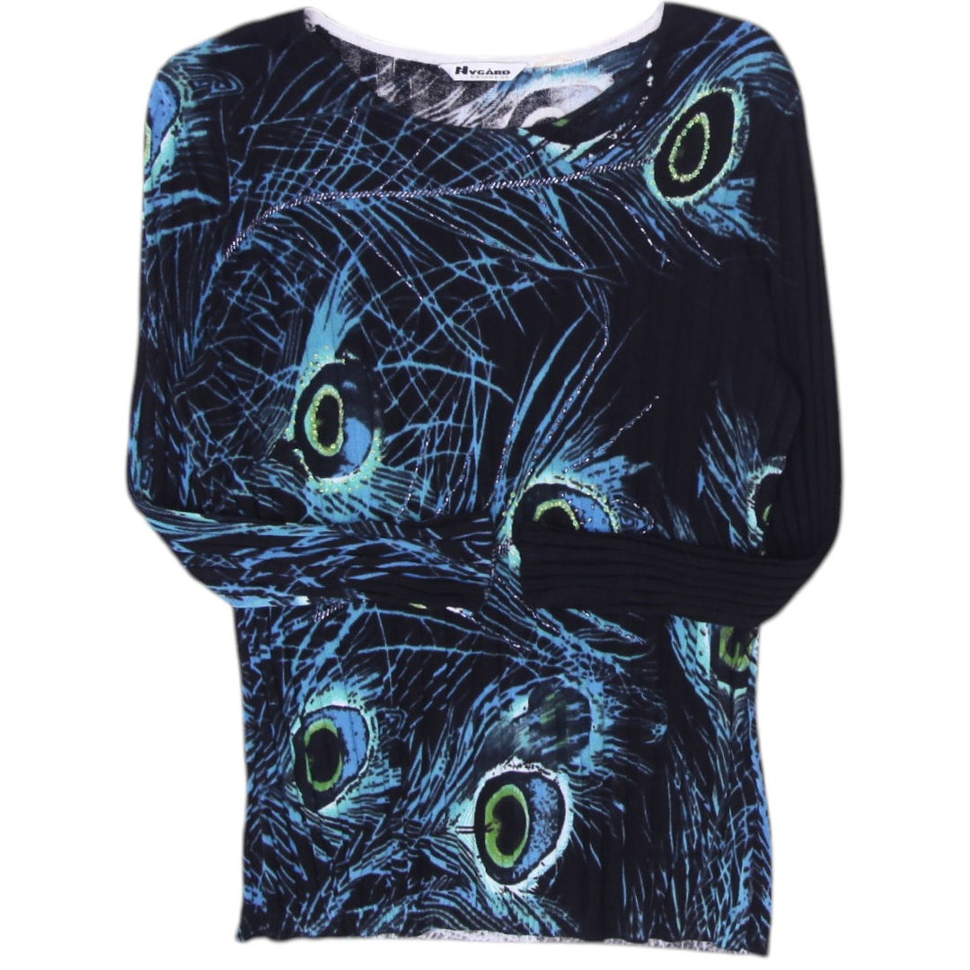 Y2K Ladies Nygard Peacock Graphic Print Long Sleeve Top Size XS