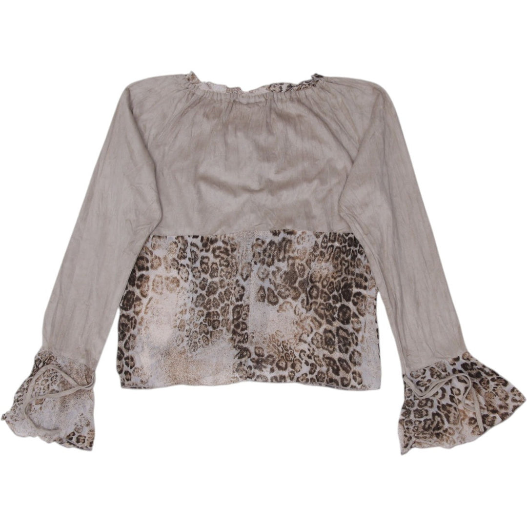 Y2K Ladies Blouse Beige Animal Print Sheer Long Sleeve Top