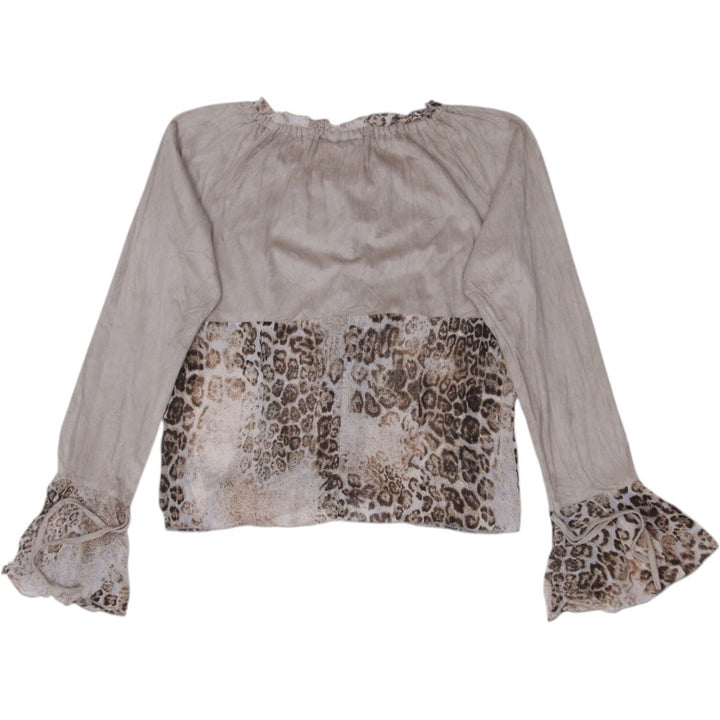 Y2K Ladies Blouse Beige Animal Print Sheer Long Sleeve Top