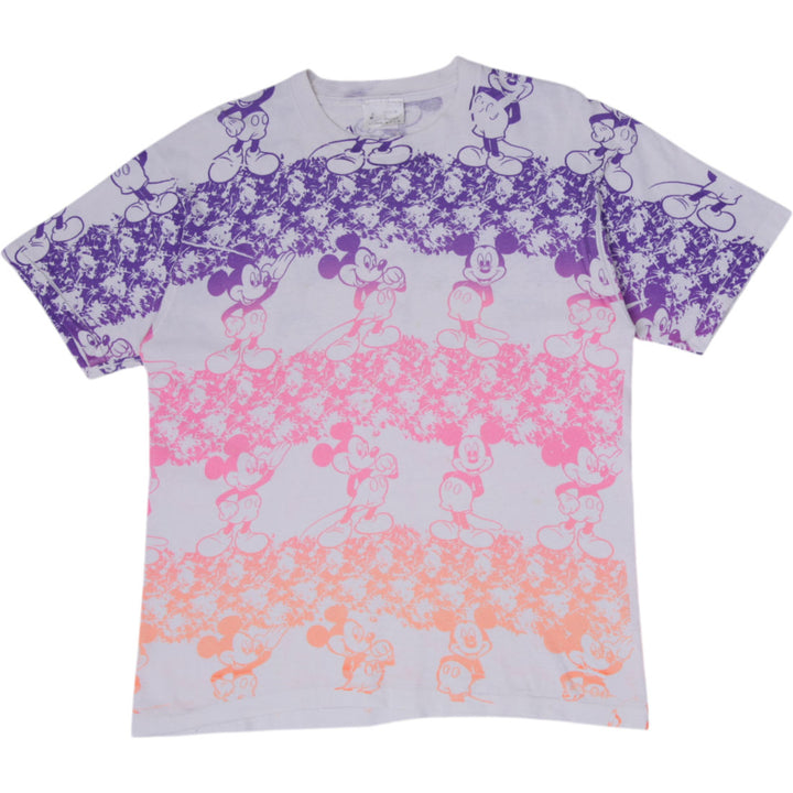 Vintage 90s Disney Mickey Mouse All Over Print T-Shirt Neon Gradient Made in Canada OS Single Stitch