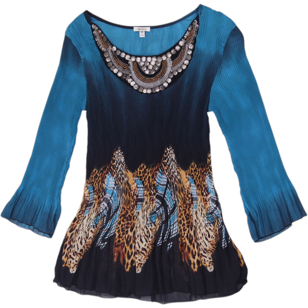 Y2K Ladies Nicola Beaded Neckline Plissé Tunic Top Size S