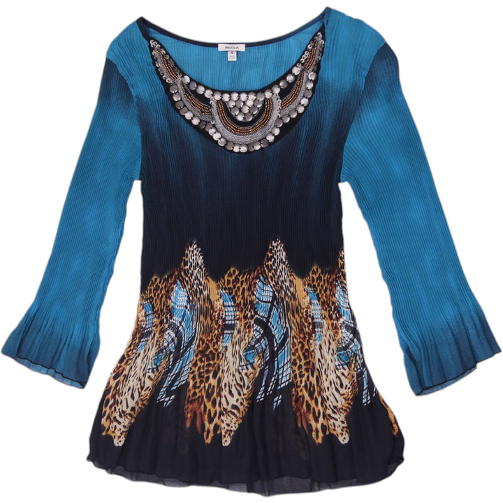 Y2K Ladies Nicola Beaded Neckline Plissé Tunic Top Size S