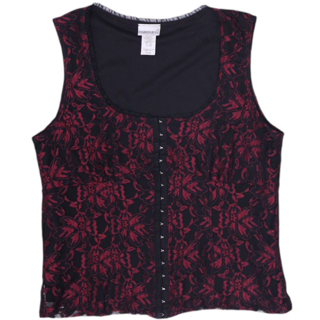 Y2K Ladies Fashion Bug Red & Black Lace Hook & Eye Top Size XL