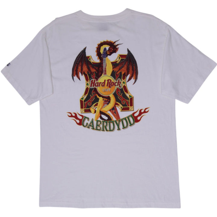 Vintage Hard Rock Cafe Cardiff Caerdydd Welsh Dragon Graphic T-Shirt White Single Stitch Large