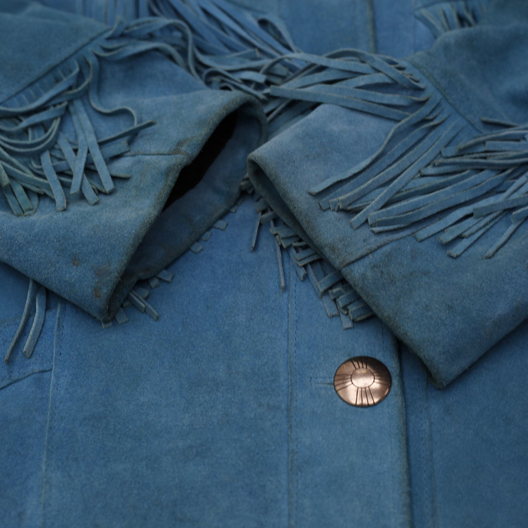 Vntg 80's Ladies Pioneer Wear Bright Turquoise Blue Suede Western Fringe Jacket