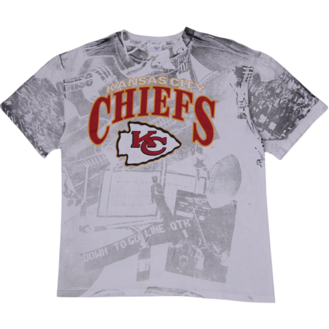 Vintage 90s Jostens Kansas City Chiefs All Over Print T Shirt XL Made in USA NFL