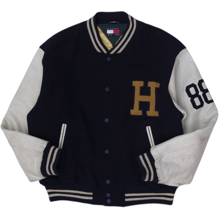 Vintage Tommy Hilfiger Varsity Jacket Navy Leather Sleeves Logo 88 XL | Migration_Jackets | Fashion Rerun