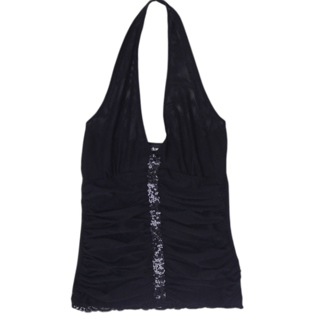 Y2K Ladies Danza Halter Top Black Mesh Ruched Sparkle