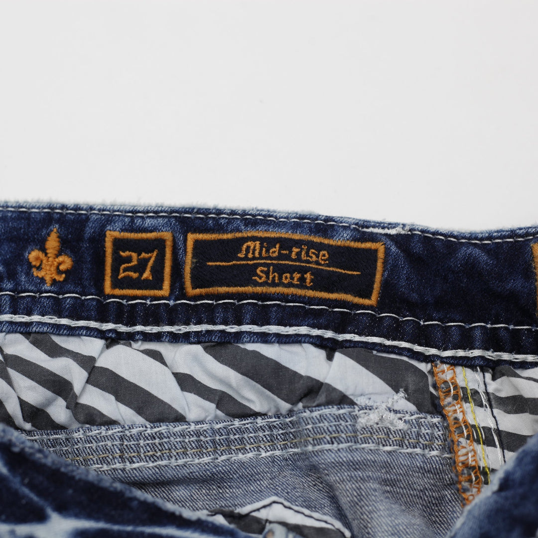 Y2K Ladies Rock Revival Nadine Denim Shorts Blue Distressed Mid Rise