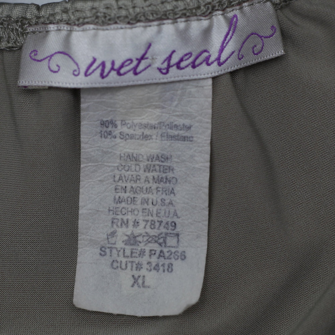 Y2K Ladies Wet Seal Halter Top Taupe Rhinestone Buckle Open Back Made in USA XL
