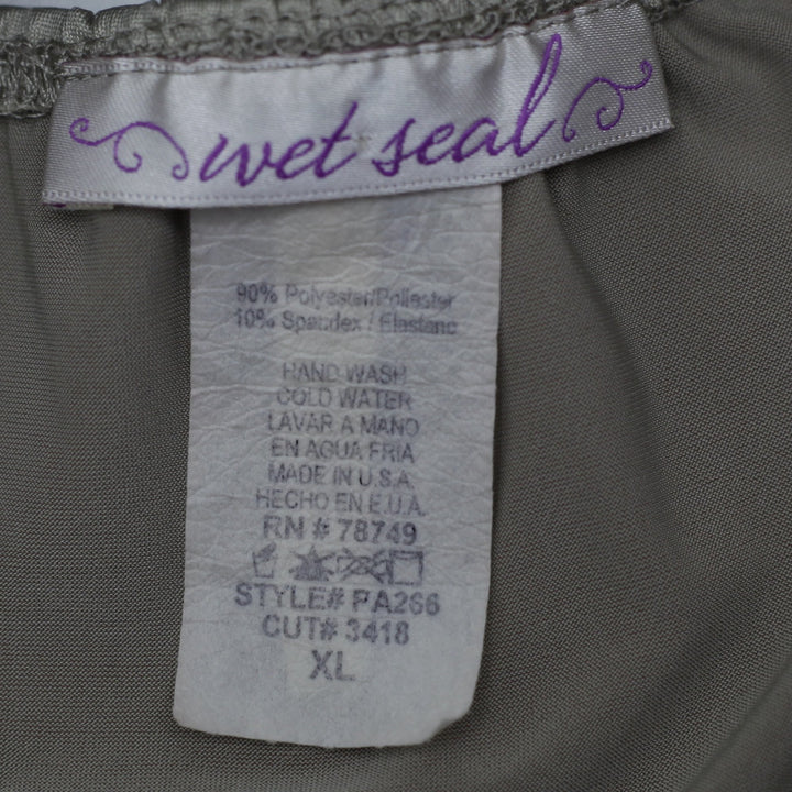 Y2K Ladies Wet Seal Halter Top Taupe Rhinestone Buckle Open Back Made in USA XL