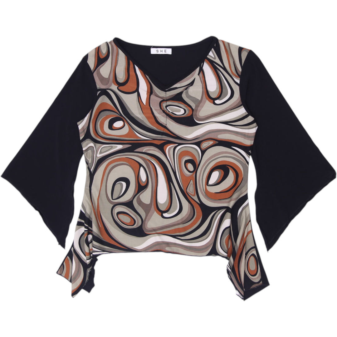 Y2K Ladies SHE Psychedelic Swirl Print Bell Sleeve Top