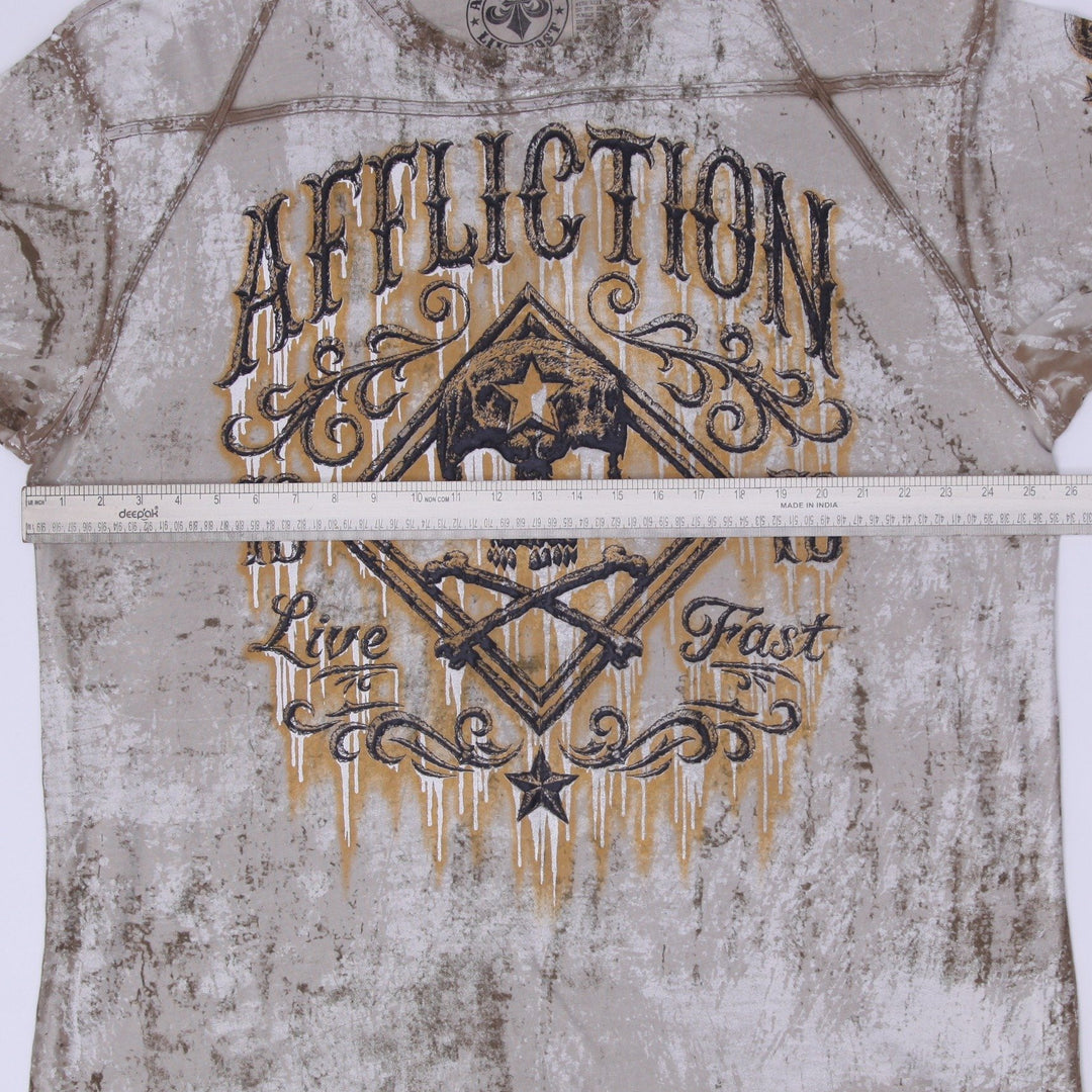 Y2K Mens Affliction Skull Diamond Gold Foil Bleach Wash Shirt Made in USA 3XL