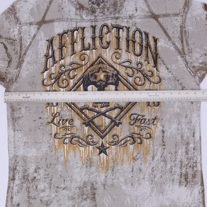 Y2K Mens Affliction Skull Diamond Gold Foil Bleach Wash Shirt Made in USA 3XL