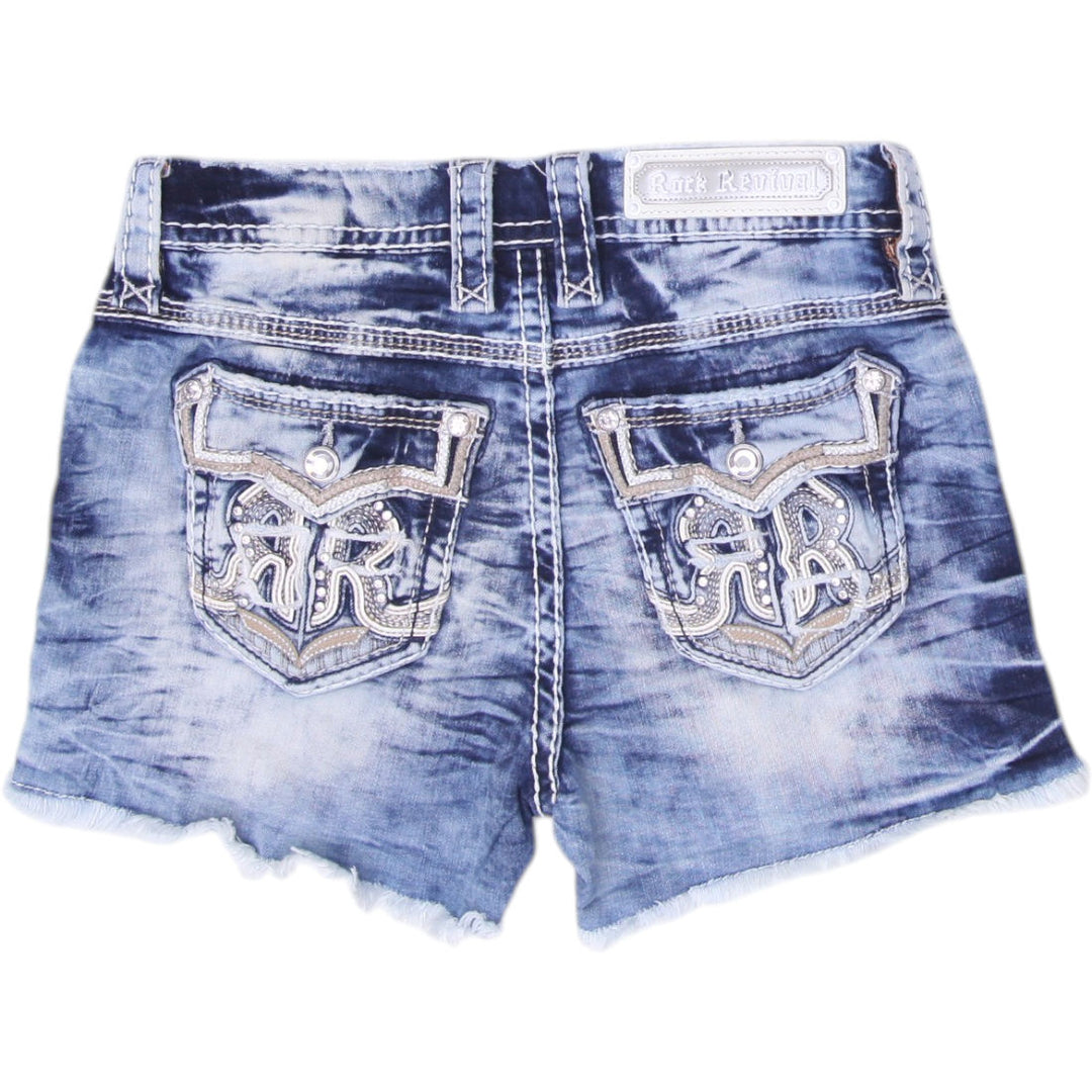Y2K Ladies Rock Revival Nadine Denim Shorts Blue Distressed Mid Rise