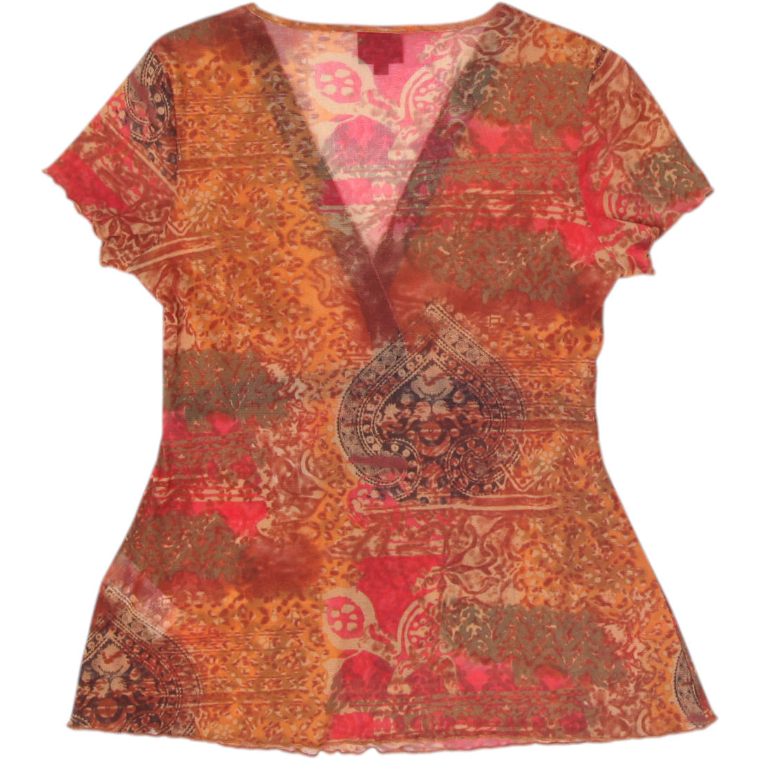 Y2K Ladies Nadia Nardi Mesh Top Orange Boho Paisley Size S