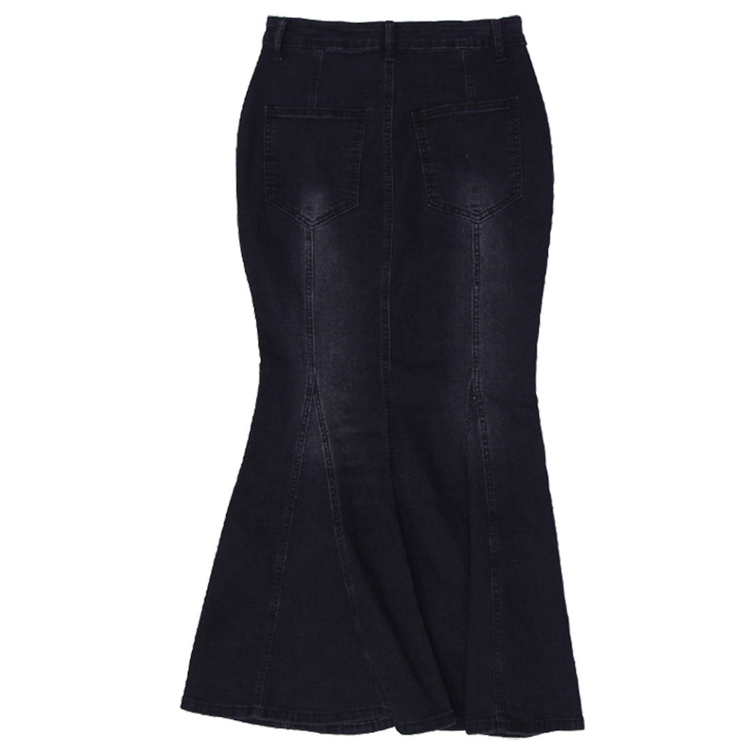 Ladies Long Panelled Flared Denim Skirt