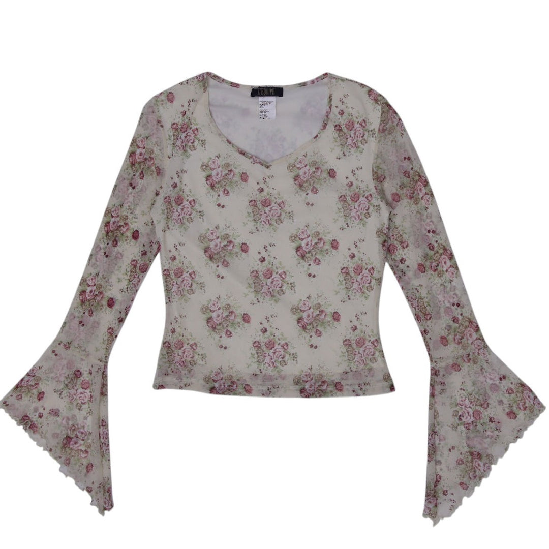 Y2K Ladies Floral Mesh Bell-Sleeve Top Size S