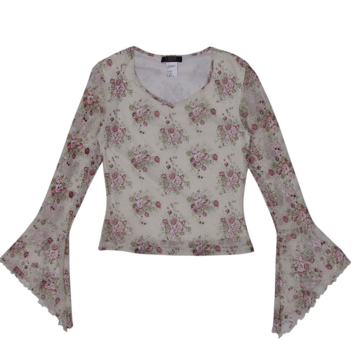 Y2K Ladies Floral Mesh Bell-Sleeve Top Size S