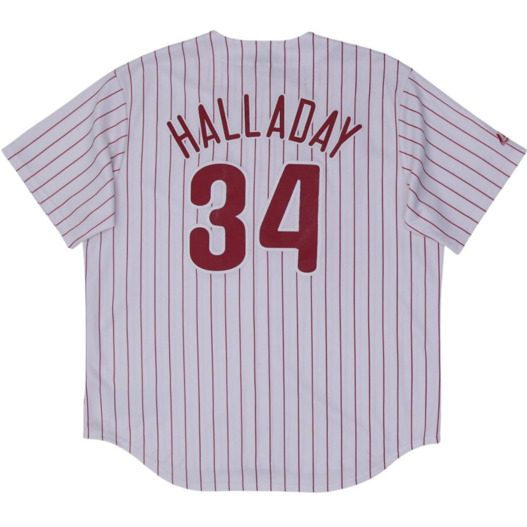 Vintage Majestic Philadelphia Phillies #34 Halladay Pinstripe Baseball Jersey | Migration_Jerseys - Side View | Fashion Rerun