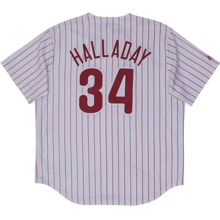 Vintage Majestic Philadelphia Phillies #34 Halladay Pinstripe Baseball Jersey | Migration_Jerseys - Side View | Fashion Rerun