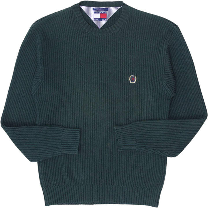 Vintage Mens Tommy Hilfiger Sweater Green Ribbed Cotton Logo