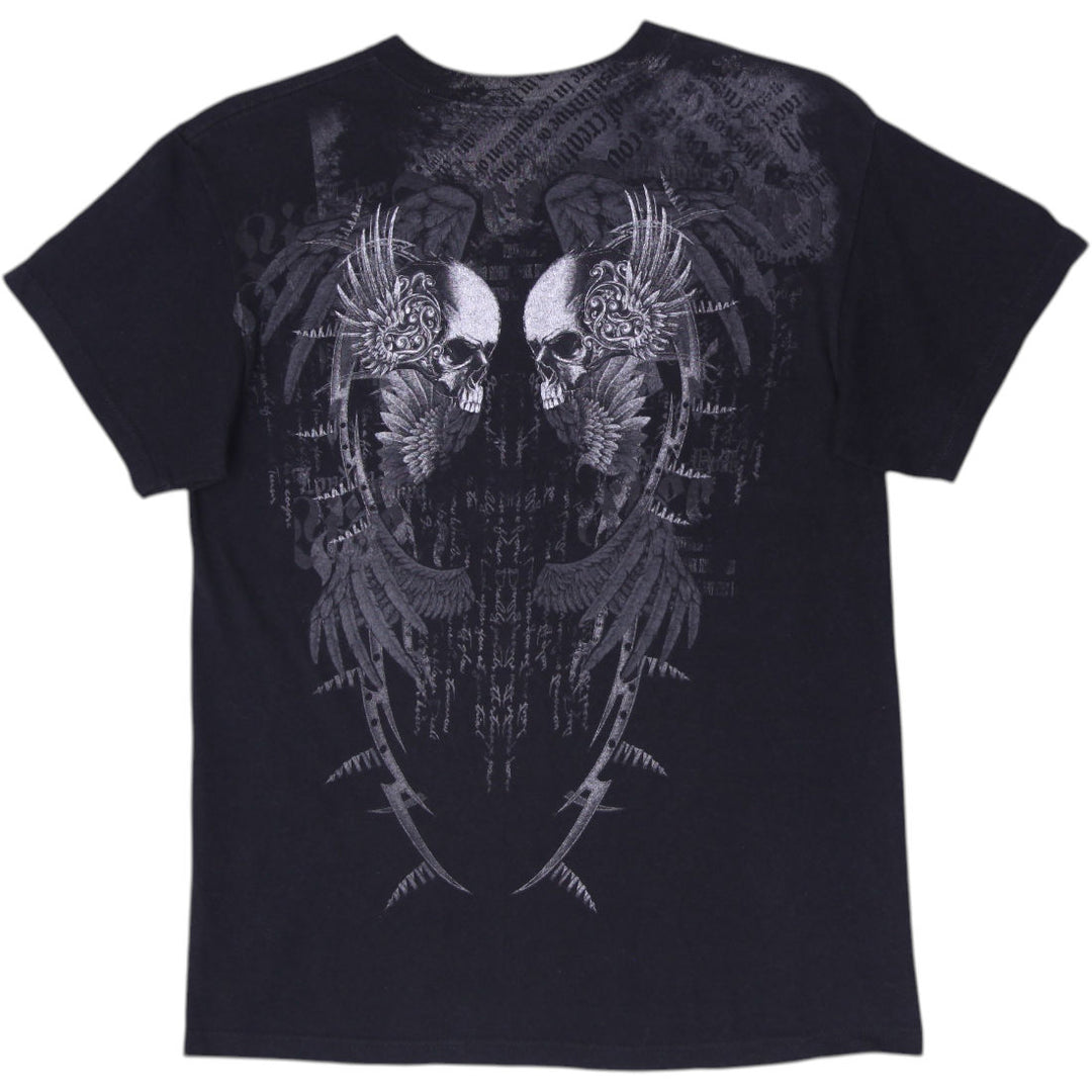 Y2K Mens Archaic "Black Kills" Winged Skull Graphic T-Shirt Size L