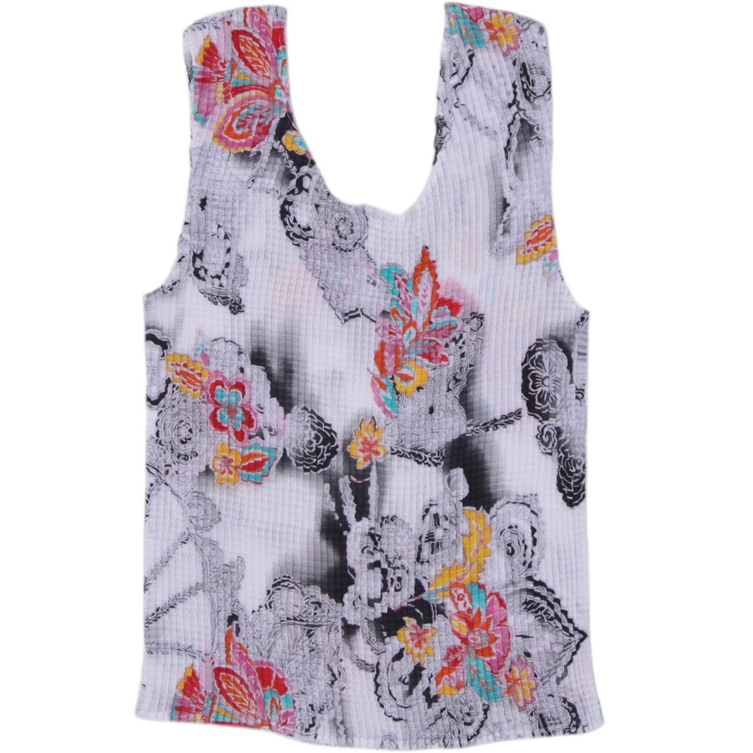 Y2K Ladies Popcorn Knit Tank Top Floral Paisley Crinkle Top Size L