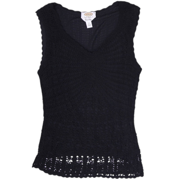 Y2K Ladies Talbots Hand Knit Black Crochet Tank Top Scalloped V Neck Size M
