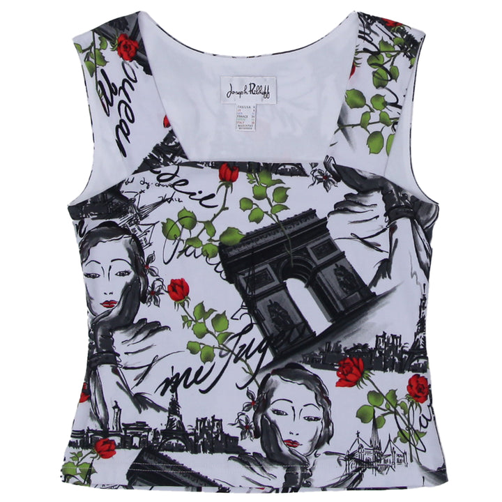 Y2K Joseph Ribkoff Paris Print Sleeveless Top Size 4 - Fashion Rerun Vintage Migration_Tops