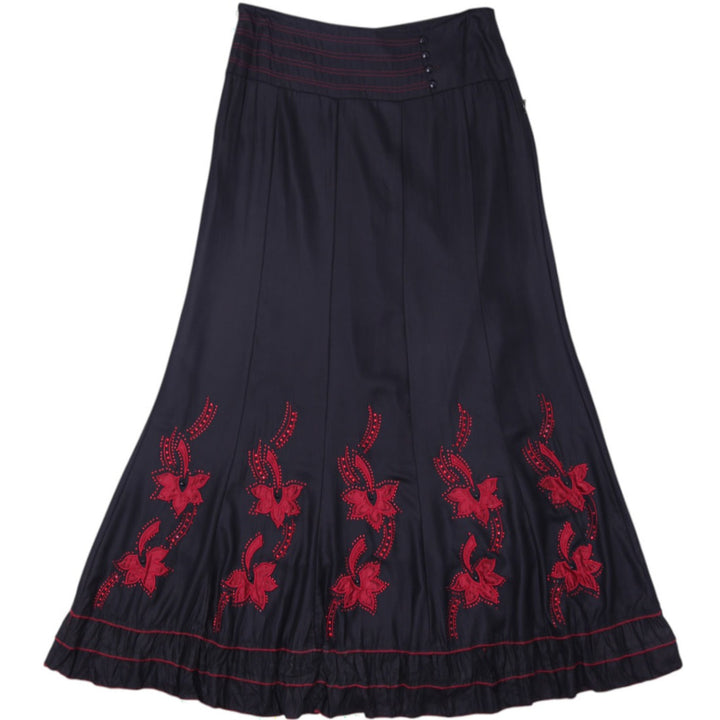 Y2K Ladies Jadoren Whimsigoth Black Maxi Skirt Red Floral Embroidery Size 32 / S