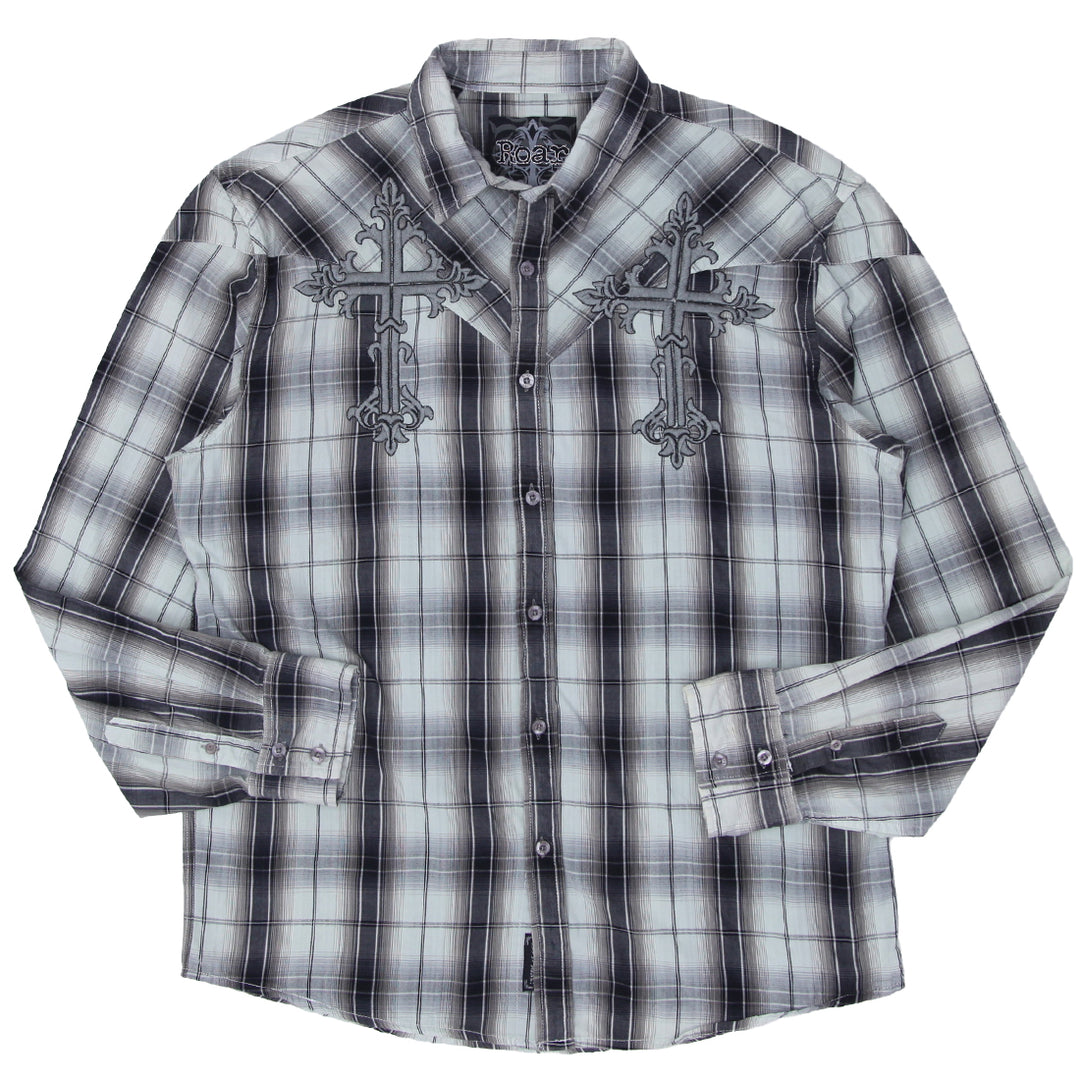 Shop Mens Y2K Roar Plaid Cross Embroidered Long Sleeve Shirt
