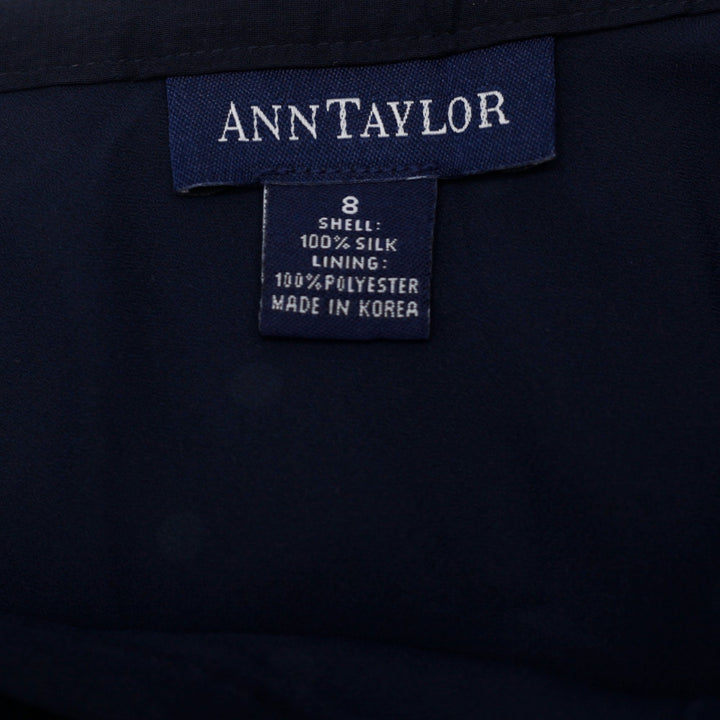 Y2K Ladies Ann Taylor 100% Silk Navy Blue Pin Dot Chiffon Midi Skirt Size 8
