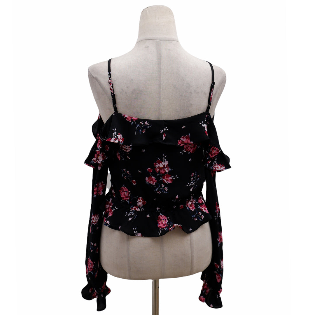 Ladies H&M Black Floral Strappy Cold Shoulder Crop Top