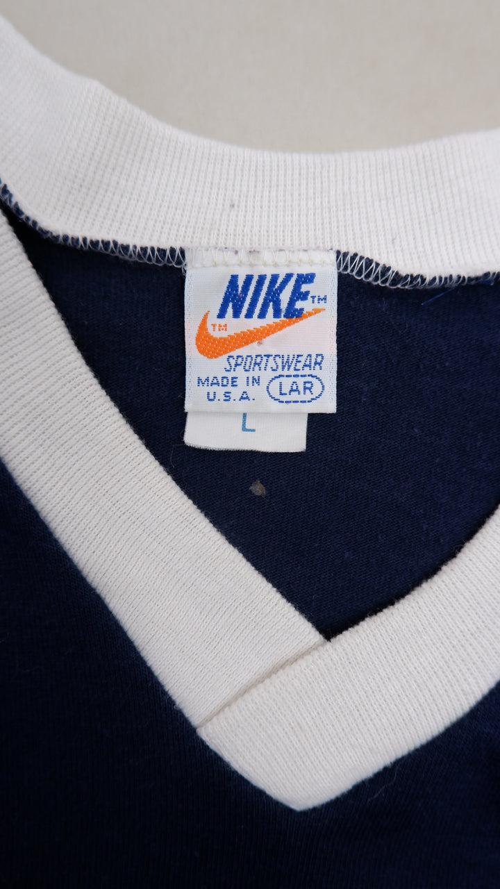 80's Nike Vintage Logo Printed V-Neck Raglan Rib Boys Youth T-Shirt Made In USA