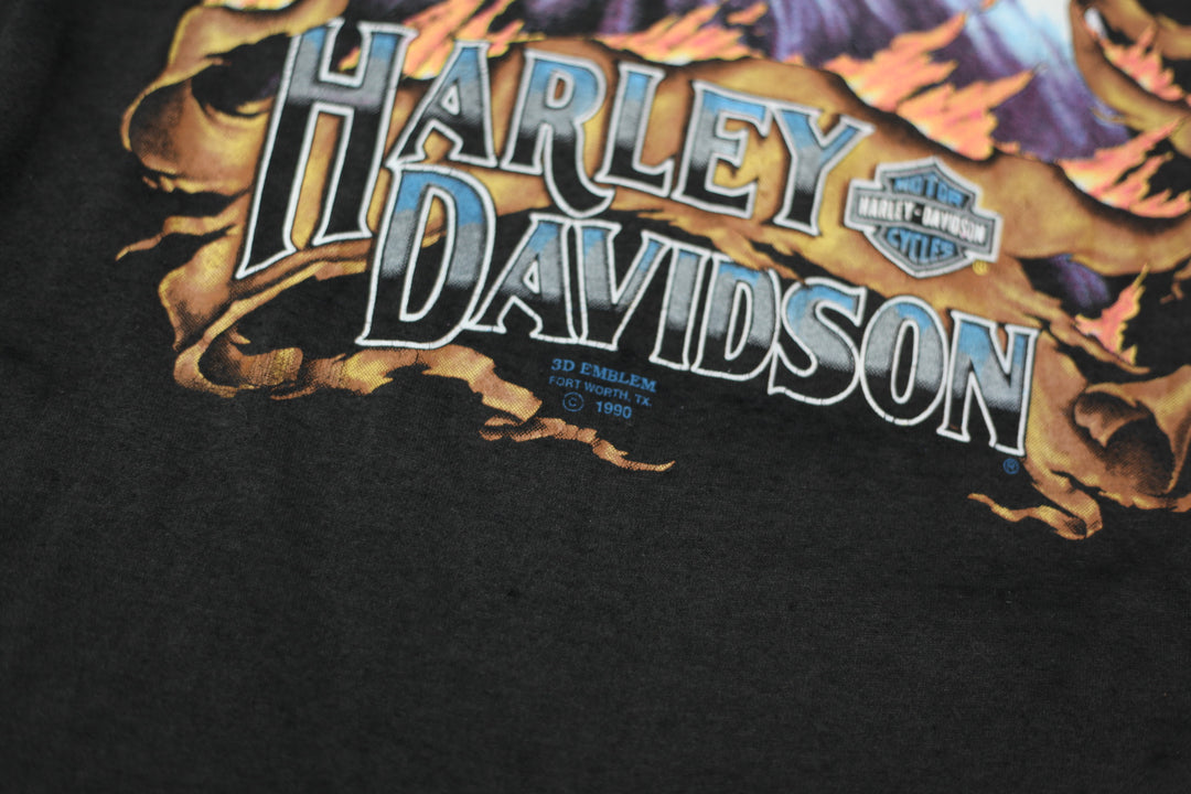1990 Vintage 3D Emblem Harley Davidson O'hara's T-Shirt S.Stitch Black XL