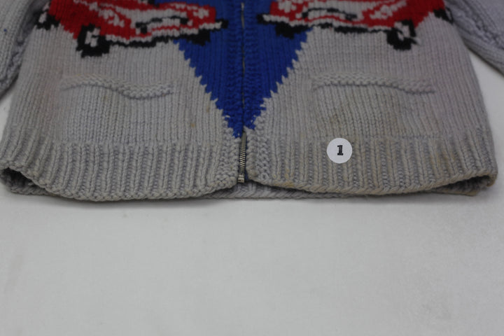 Vintage 50s Hand Knit Wool Cardigan Sweater Shawl Large Mens Race Car