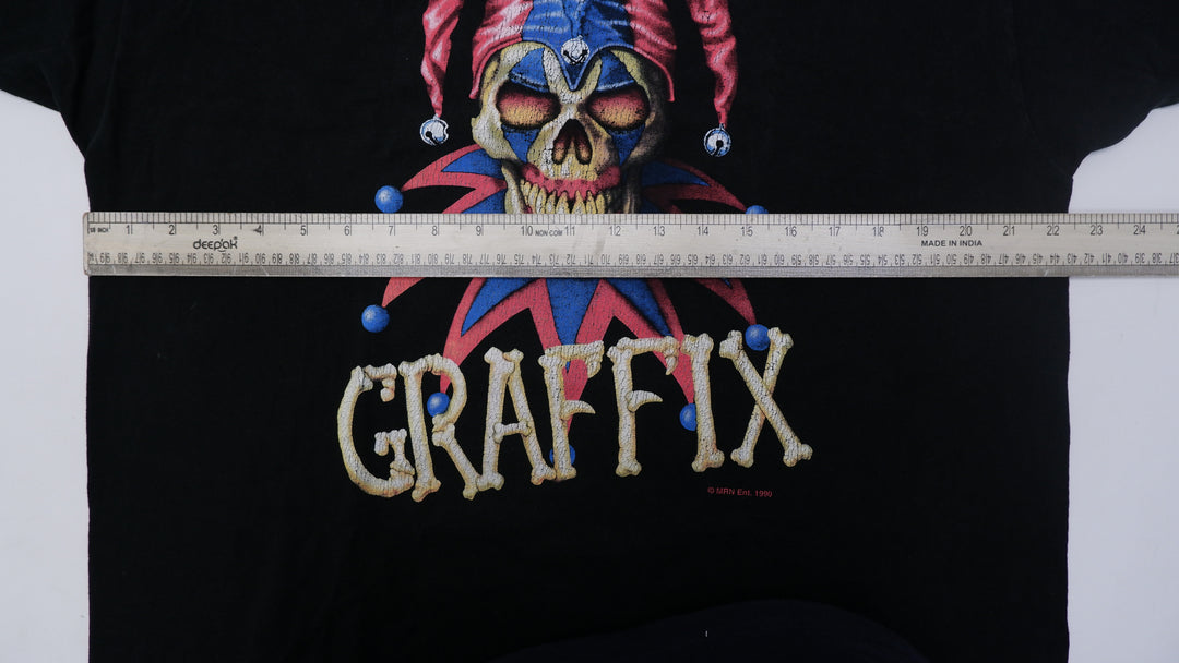 Vintage 1990 Graffix Jester Skelton Clown Black T-Shirt