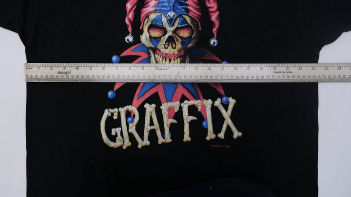 Vintage 1990 Graffix Jester Skelton Clown Black T-Shirt