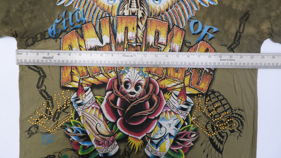 Y2K Mens Christian Audigier Angels Beaded Graphic T-Shirt
