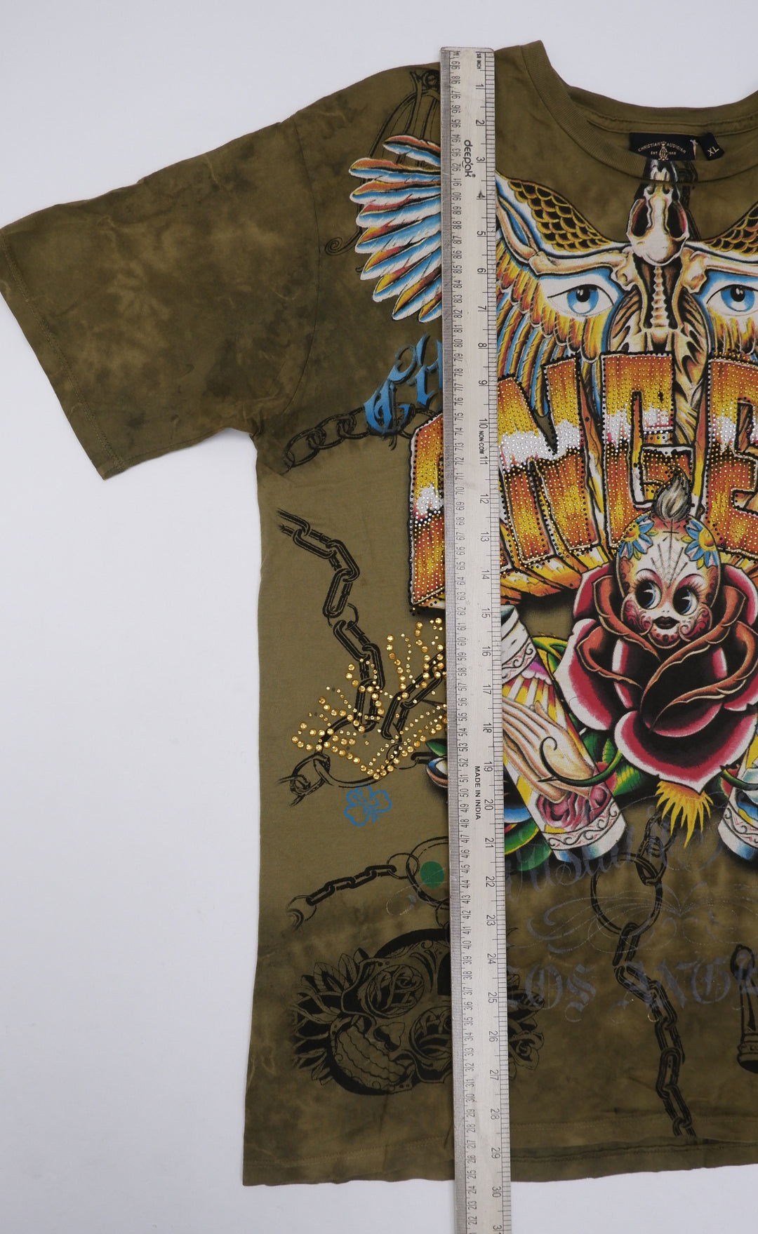 Y2K Mens Christian Audigier Angels Beaded Graphic T-Shirt