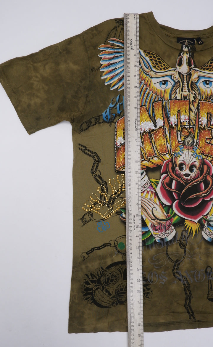 Y2K Mens Christian Audigier Angels Beaded Graphic T-Shirt