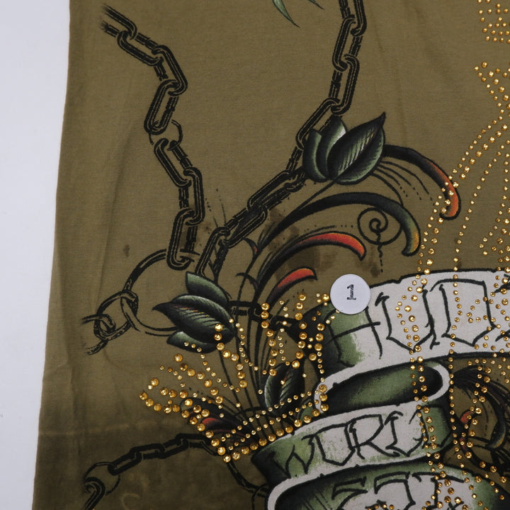 Y2K Mens Christian Audigier Angels Beaded Graphic T-Shirt