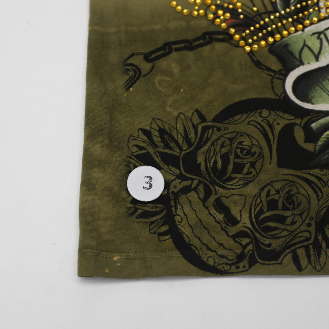 Y2K Mens Christian Audigier Angels Beaded Graphic T-Shirt