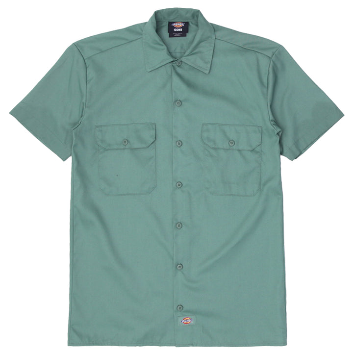 Mens Dickies Work Shirt Green Short Sleeve Pockets Casual