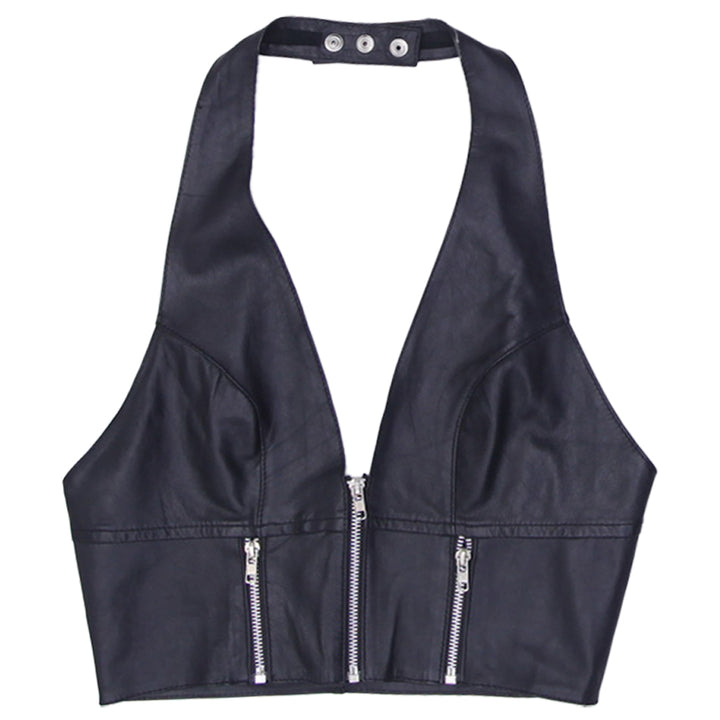 Y2K Ladies Elegant Moments Leather Halter Front Zip Top