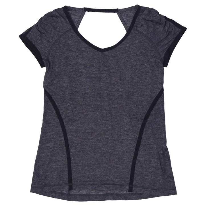 Ladies Lululemon Run T-Shirt V-Neck Open Back Ruffle Pocket Running Athletic Gray