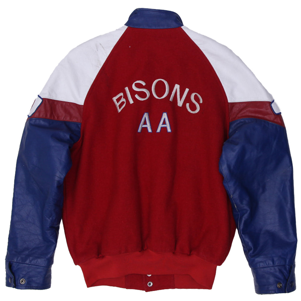 Vintage Mens Classic Varsity Jacket Red Navy Wool Leather Bisons | Migration_Jackets - Side View | Fashion Rerun