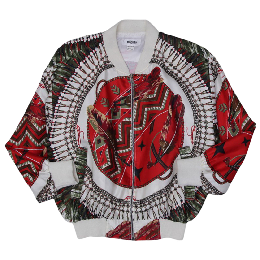 Shop Mens Mighty Bomber Jacket Red Feather Pattern Zip Front | Fashion ...
