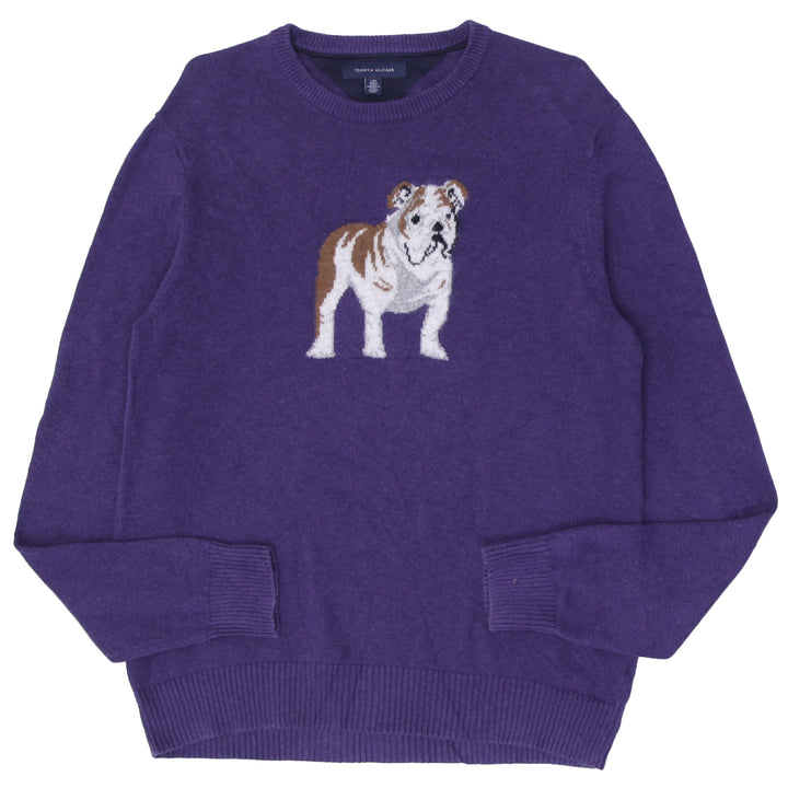 Mens Tommy Purple Bulldog Cotton Pullover Elbow Pads Crew Sweater